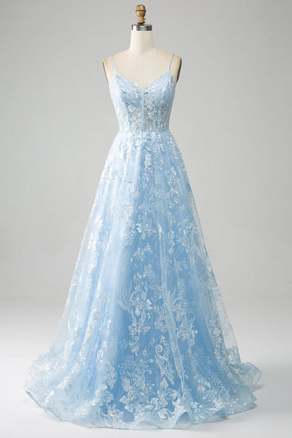 Sky Blue A-Line Spaghetti Straps Lace Long Corset Prom Dress TP1385