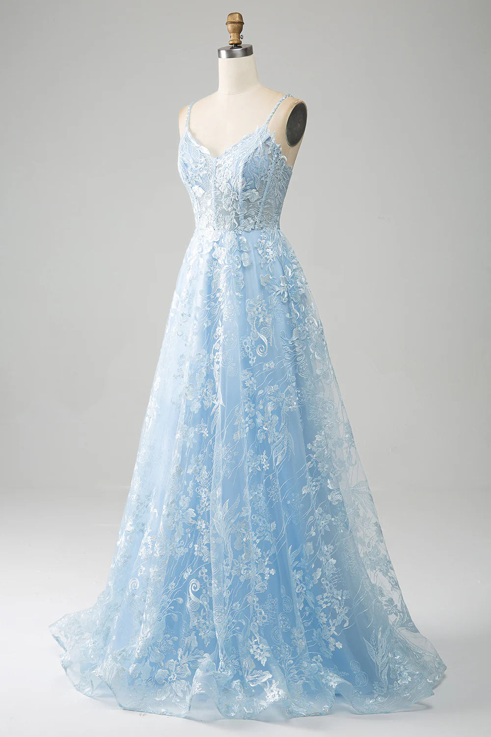 Sky Blue A-Line Spaghetti Straps Lace Long Corset Prom Dress TP1385