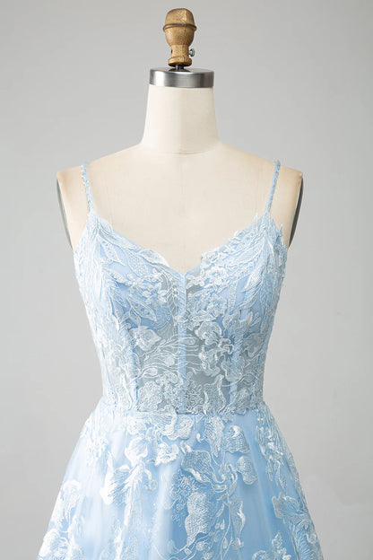 Sky Blue A-Line Spaghetti Straps Lace Long Corset Prom Dress TP1385