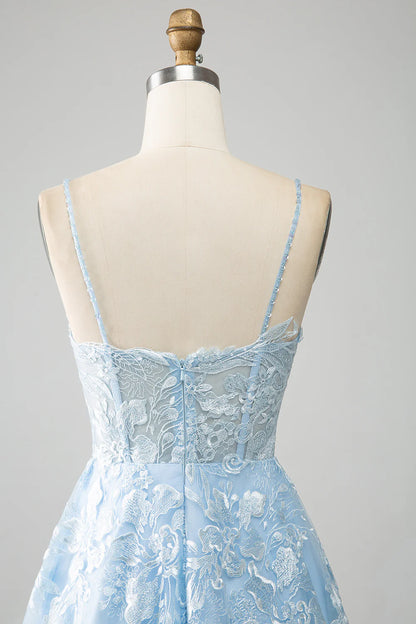 Sky Blue A-Line Spaghetti Straps Lace Long Corset Prom Dress TP1385