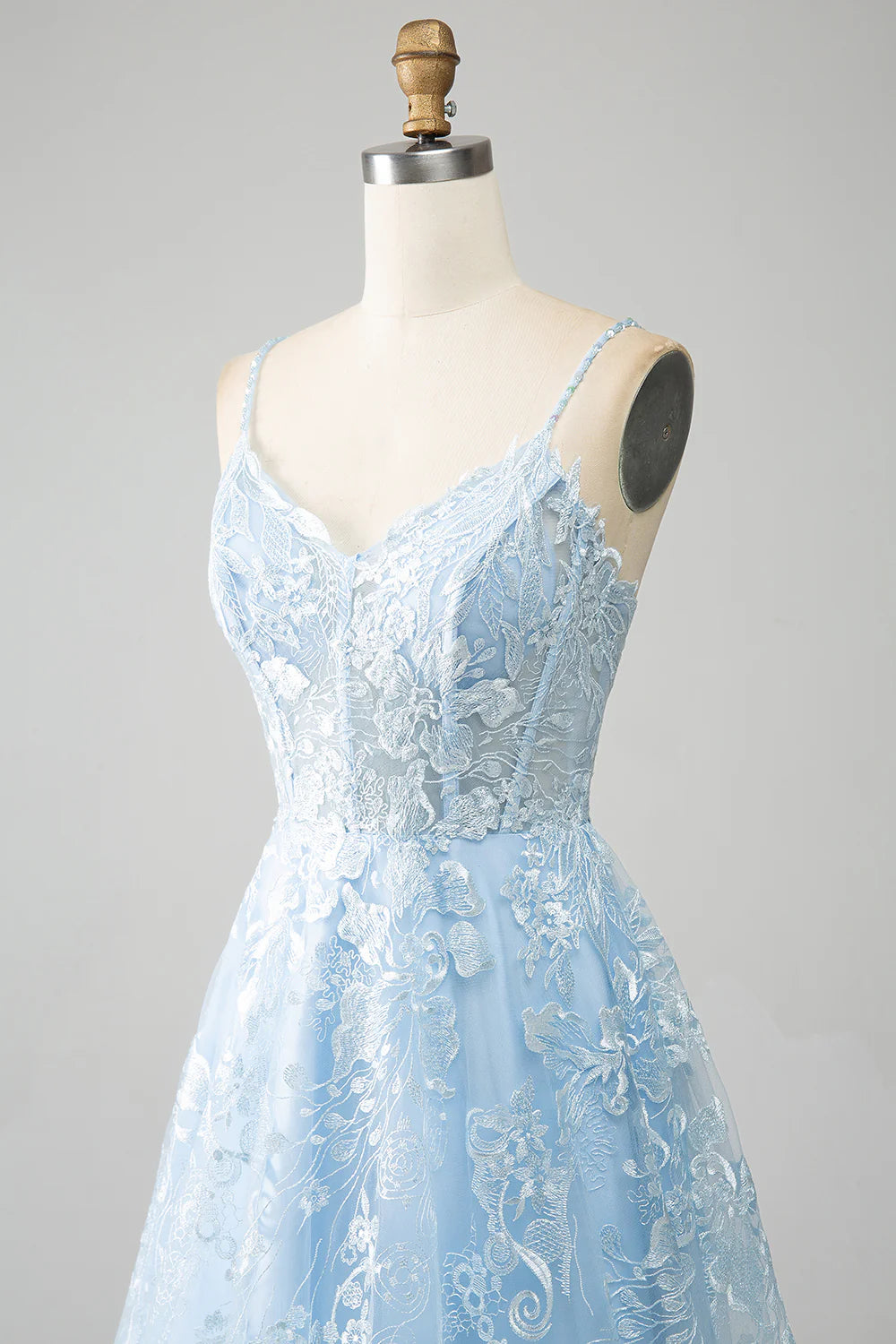 Sky Blue A-Line Spaghetti Straps Lace Long Corset Prom Dress TP1385