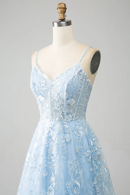 Sky Blue A-Line Spaghetti Straps Lace Long Corset Prom Dress TP1385