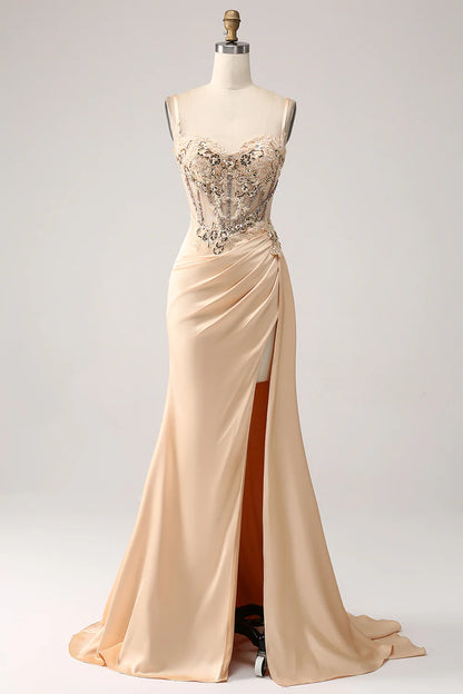 Elegant Champagne Mermaid Pleated Satin Prom Dress With Appliques TP1390