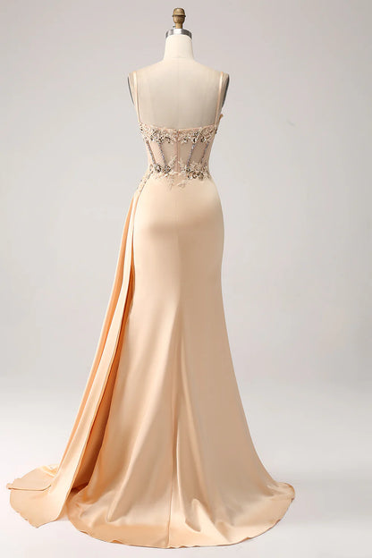 Elegant Champagne Mermaid Pleated Satin Prom Dress With Appliques TP1390