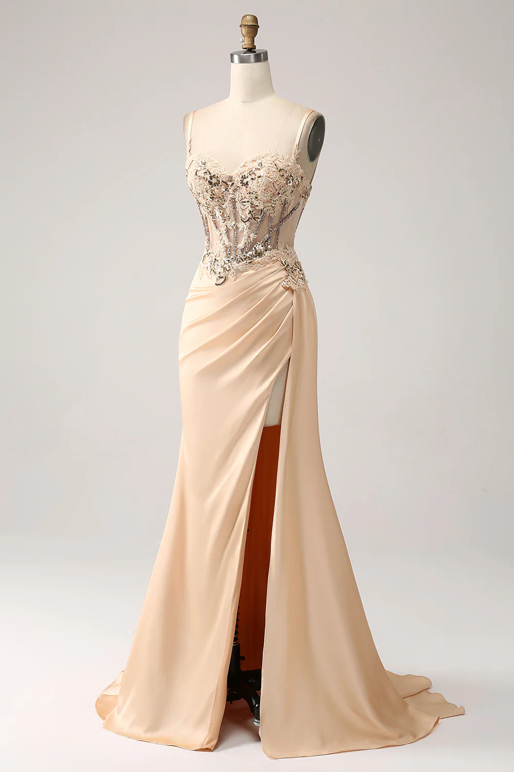 Elegant Champagne Mermaid Pleated Satin Prom Dress With Appliques TP1390