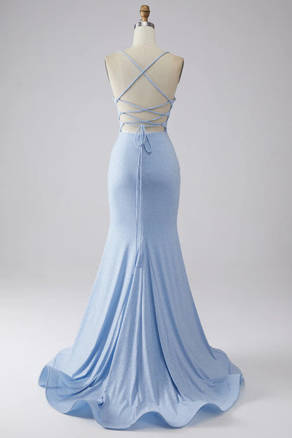 Light Blue Sparkly Mermaid Prom Dress with Slit TP1391