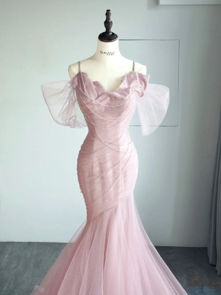 Spaghetti Strap Pink Beaded Mermaid Long Dress TP1400