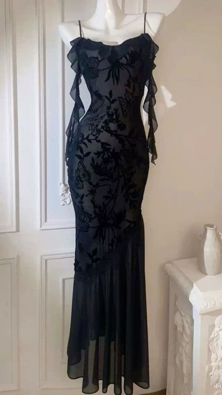 Black Lace Chiffon Spaghetti Strap Sleeveless Long Dress TP1434