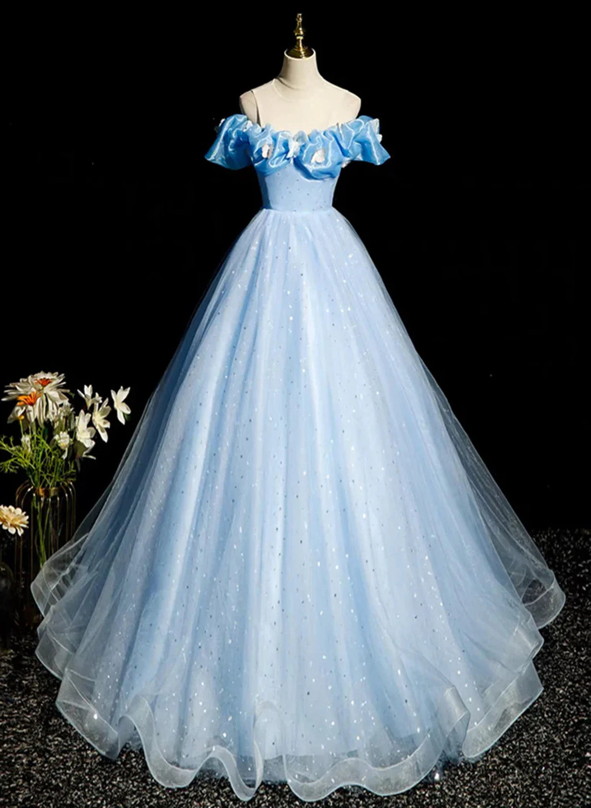 Beautiful Light Blue Tulle Off Shoulder Sweet 16 Dress, Light Blue Formal Dress TP1340