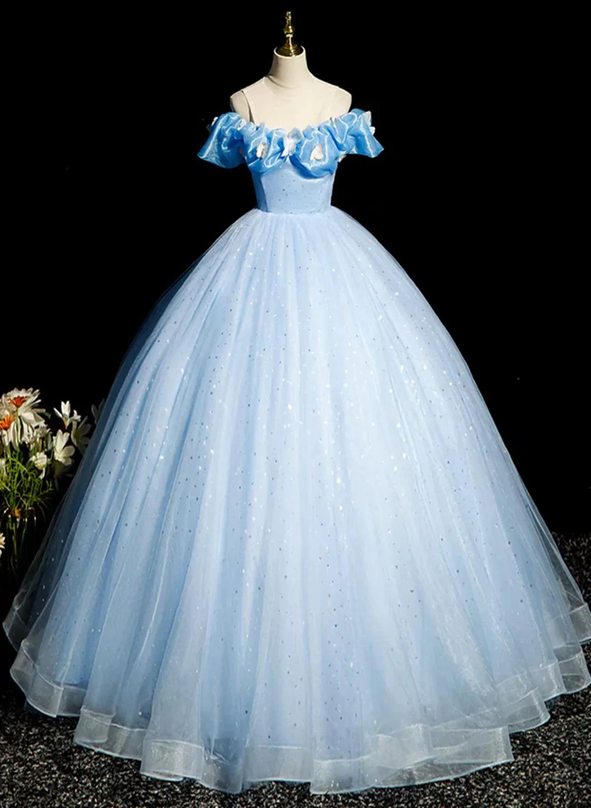 Beautiful Light Blue Tulle Off Shoulder Sweet 16 Dress, Light Blue Formal Dress TP1340