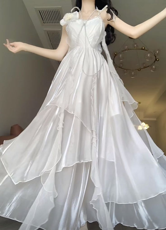 Beautiful White Chiffon Ruffle A-Line Sleeveless Spaghetti Strap Long Dresses TP1445