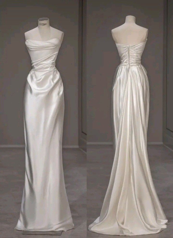 White Simple Strapless Satin Long Evening Gowns TP1450