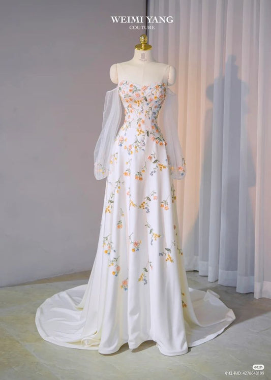 White Strapless Long Sleeve Satin Printed Long Evening Gowns  TP1460