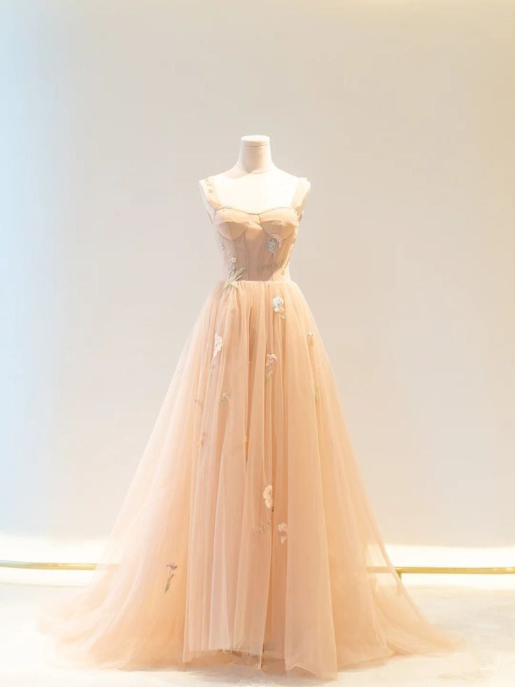 Champagne A-Line Heart Neck Spaghetti Strap Tulle Floor Length Dress  TP1469