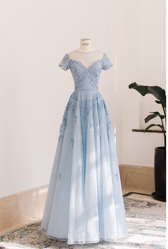 Blue A-line Round Neck Short Sleeve Lace Elegant Long Evening Dresses  TP1470