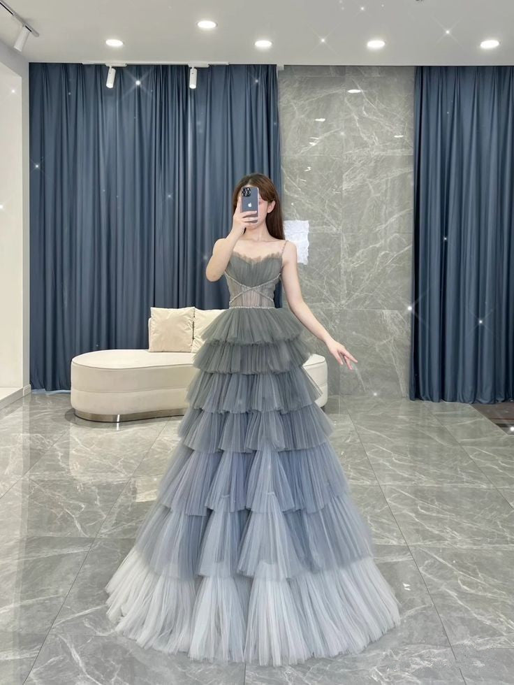 Gray A-line Spaghetti Strap Tulle Tiered Long Evening Dress  TP1478