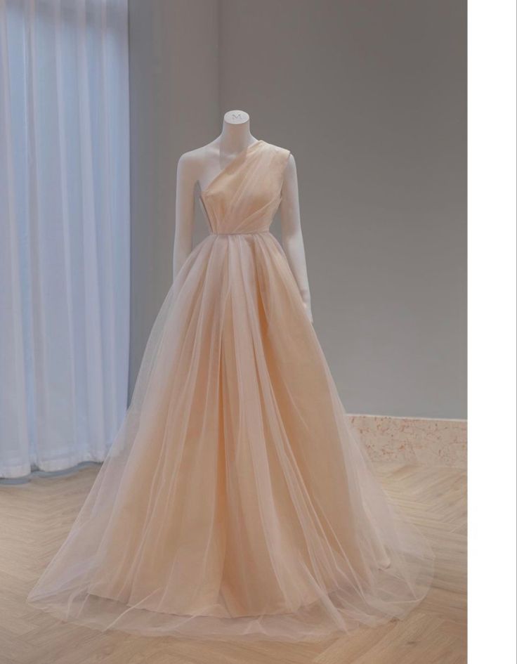 Champagne A-line One Shoulder Sleeveless Tulle Long Evening Gowns  TP1479