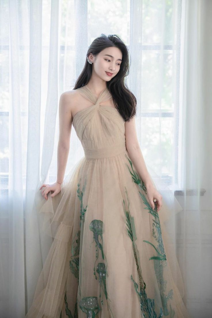 Champagne A-Line Neckline Sleeveless Tulle Long Evening Dresses  TP1492