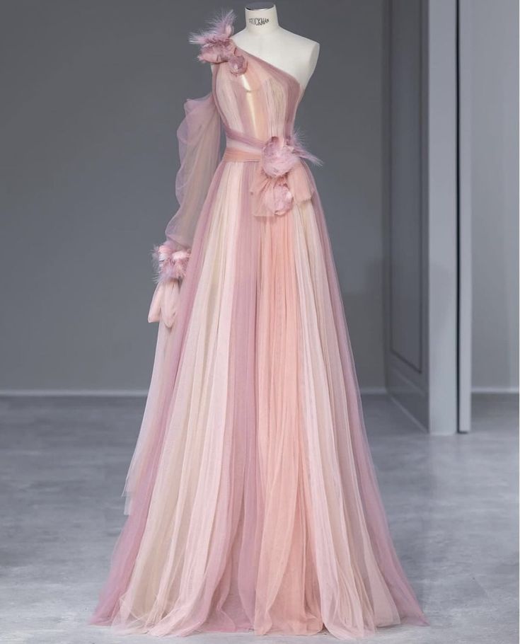 Gradient Pink Special One Shoulder Tulle Long Evening Gowns  TP1495