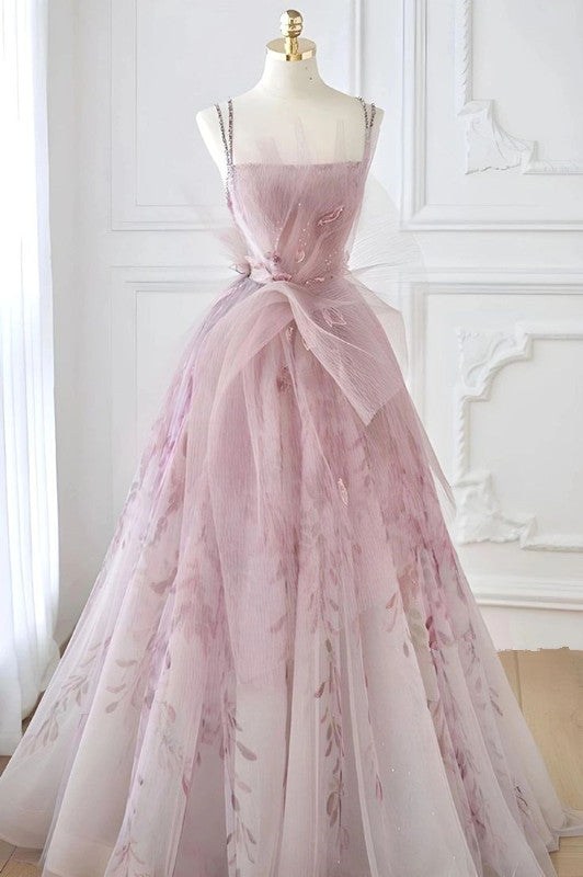 Pale Pink A-Line Spaghetti Strap Tulle Printed Long Evening Dresses TP1503