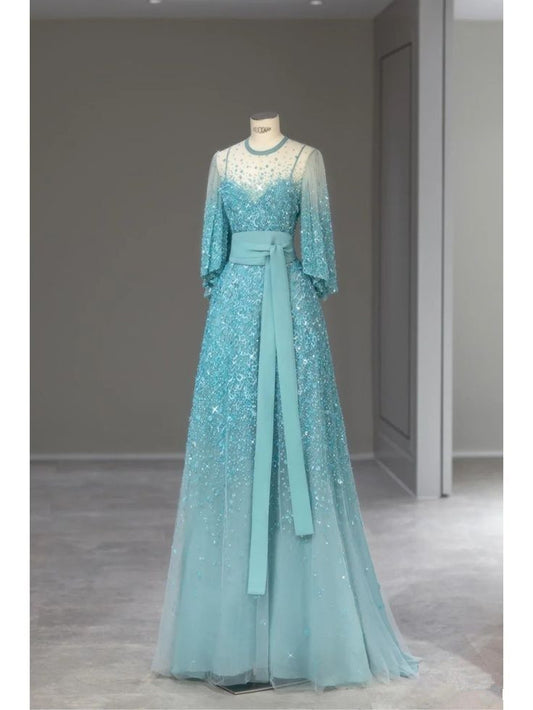 Glacier Blue A-Line Round Neck Midi Sleeve Bright Beaded Tulle Long Evening Dresses TP1512