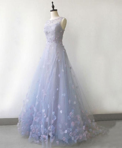 Simple Blue Gray Tulle 3D Lace Applique Long A Line Prom Dress TP1542