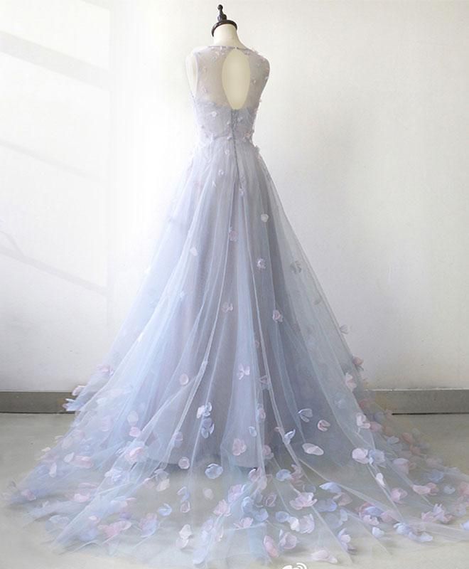 Simple Blue Gray Tulle 3D Lace Applique Long A Line Prom Dress TP1542