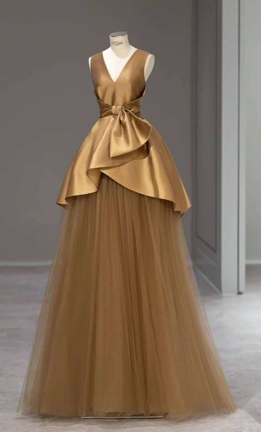 Brown A-Line V-Neck Sleeveless Satin Tulle Long Prom Dresses TP1558