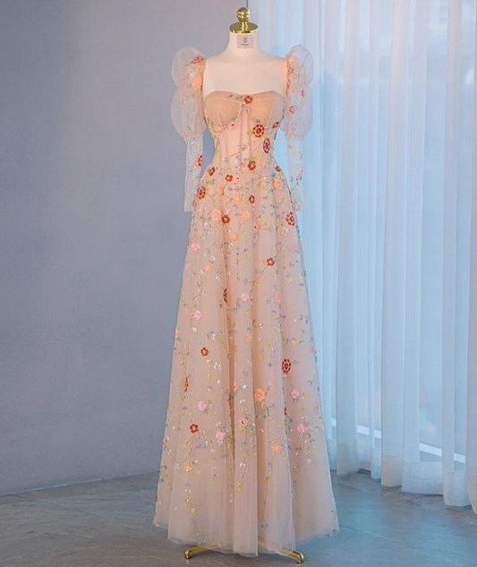 Champagne Tulle Sequins Prom Dress With Detachable Long Sleeve TP1568