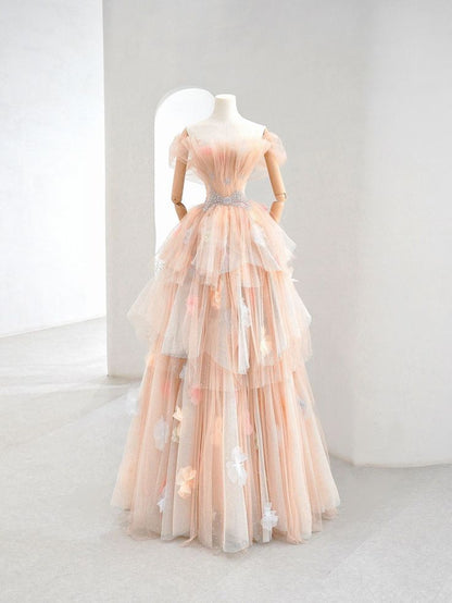 Champagne A-Line Strapless Layered Tulle Long Prom Dresses TP1570