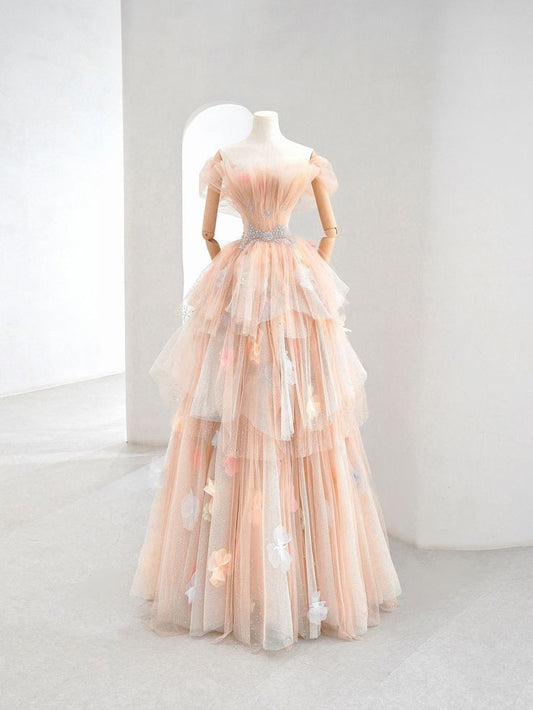 Champagne A-Line Strapless Layered Tulle Long Prom Dresses TP1570