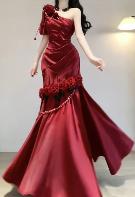 Red Mermaid One Shoulder 3D Floral Satin Long Ball Gowns TP1576