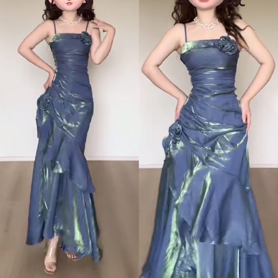 Chic Blue Spaghetti Strap Slim Irregular Dresses TP1580