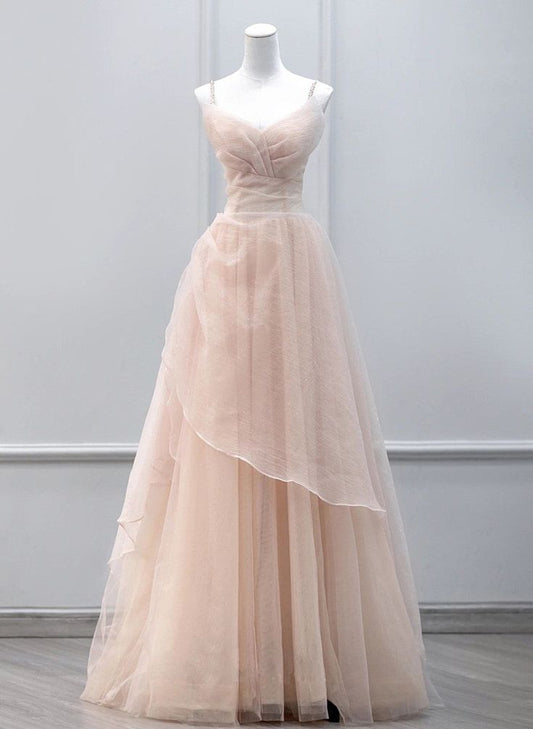 Tulle Beaded Straps Long Prom Dress, A-line Tulle Party Dress TP1595