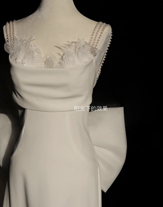 White A-Line Pearl Spaghetti Strap Satin Simple Long Prom Dresses TP1621