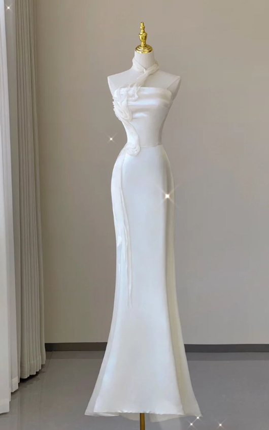 Ivory Mermaid Neckline Strapless Satin Ankle Length Dress  TP1638