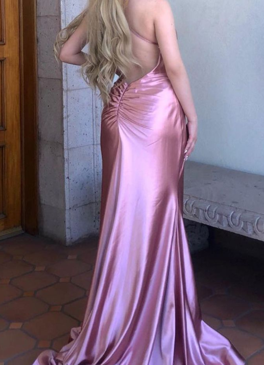 Sexy Pink Spaghetti Straps V-Neck Satin Backless Floor Length Prom Dresses TP1647