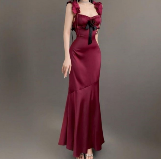 Burgundy Mermaid Spaghetti Strap Satin Ankle Length Ball Gowns TP1655