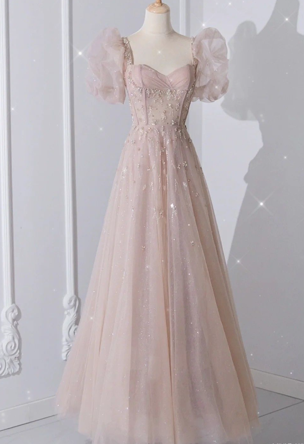 Sweet Pale Pink A-Line Short Sleeve Sparkling Tulle Long Prom Dresses TP1667