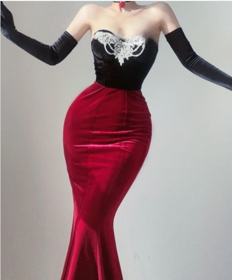 Sexy Burgundy Mermaid Spaghetti Strap Velvet Long Prom Dresses TP1672