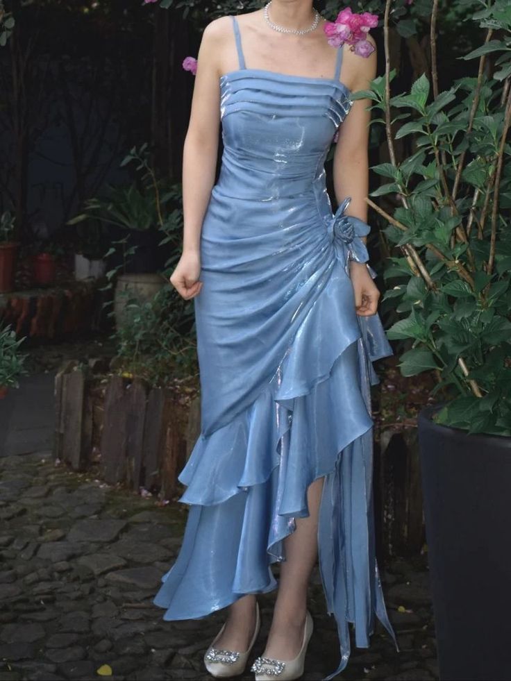 Sky Blue Halter Vintage Asymmetric Hem Long Prom Dresses TP1677