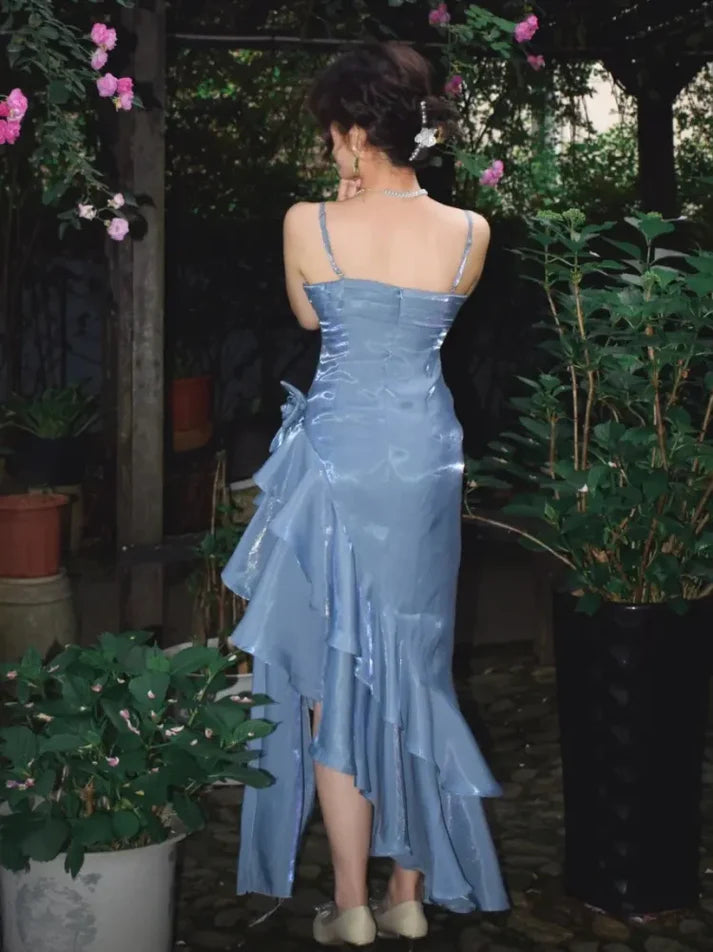 Sky Blue Halter Vintage Asymmetric Hem Long Prom Dresses TP1677