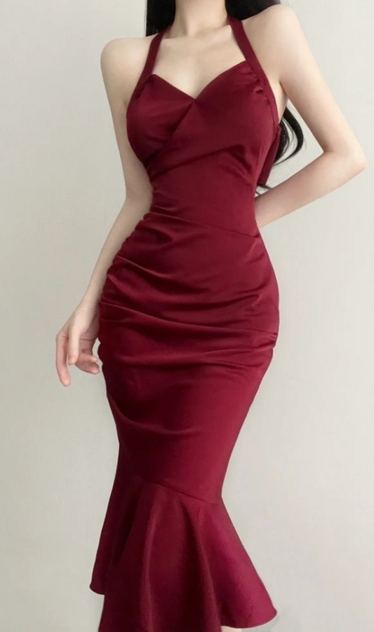 Burgundy Mermaid Neckline Sateen Irregular Hem Knee Length Gown TP1689