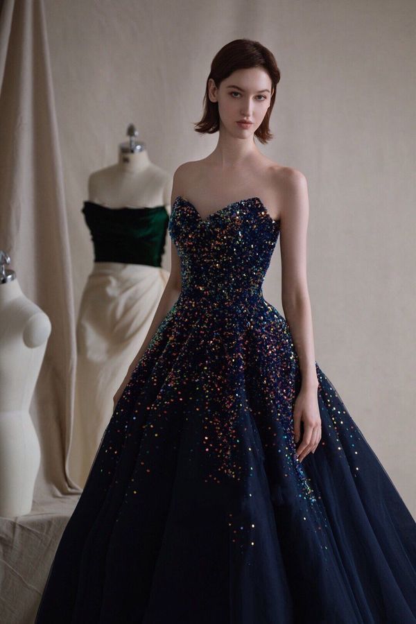 A-line Dark Blue Heart Shaped Neck Beaded Long Prom Dresses TP1692