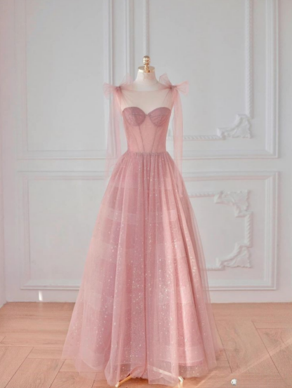 A-line Pink Round Neck Tulle Long Prom Dresses,Formal Evening Gowns TP1693