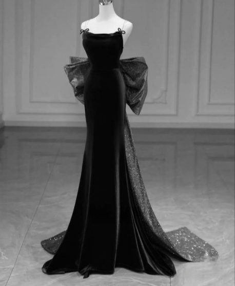 Black Mermaid Velvet Bow Sequin Long Ball Gowns TP1703