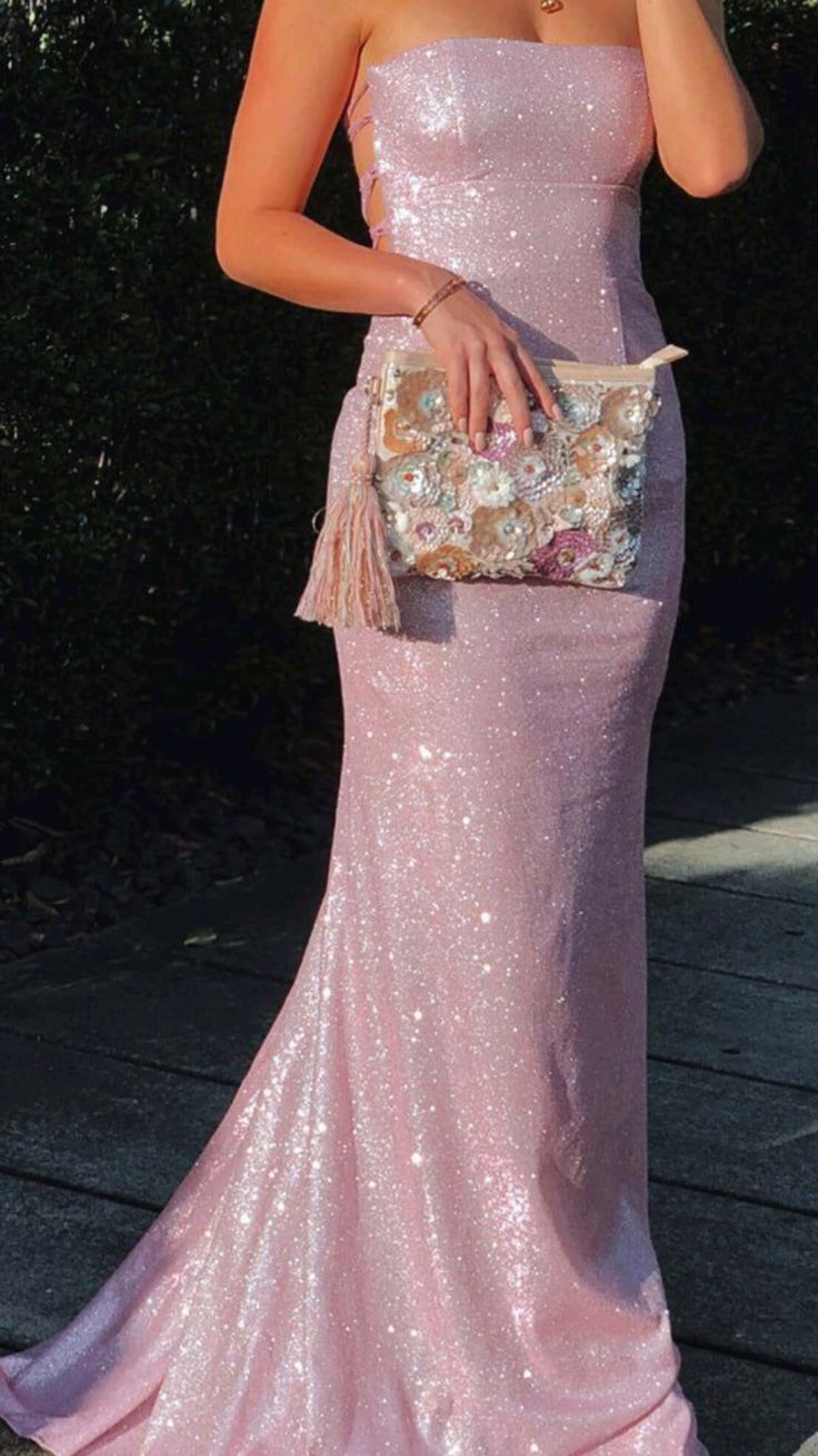 Mermaid Pink Sparkling Long Evening Gown Strapless Backless TP1718