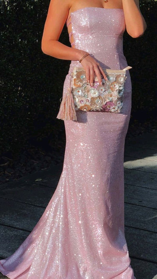 Mermaid Pink Sparkling Long Evening Gown Strapless Backless TP1718