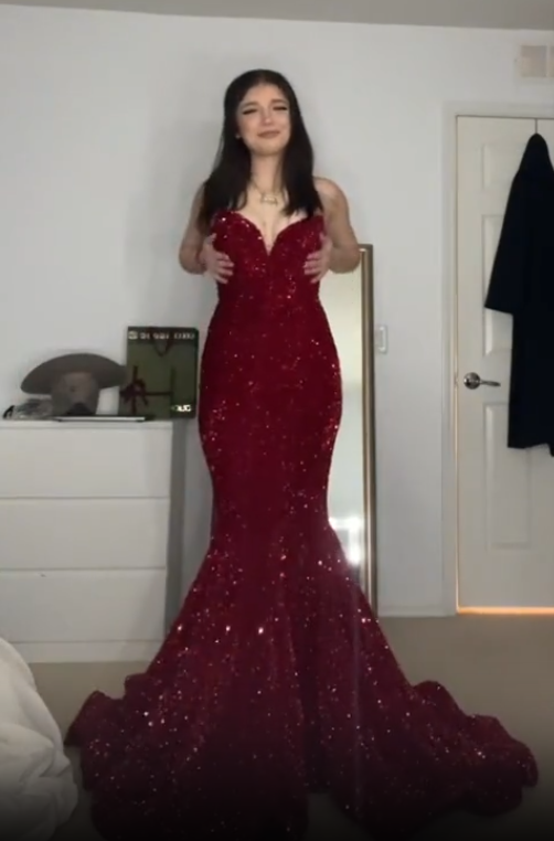 Sexy Mermaid Red Sheath Strapless Sequined Floor Length Prom Dresses TP1721