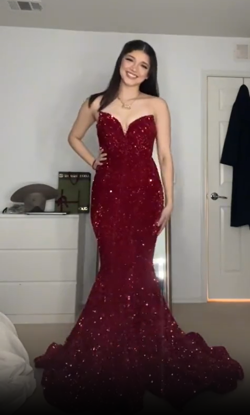 Sexy Mermaid Red Sheath Strapless Sequined Floor Length Prom Dresses TP1721